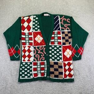 Vintage Units Cardigan Sweater‎ Womens S Green Patchwork Argyle Ugly Christmas